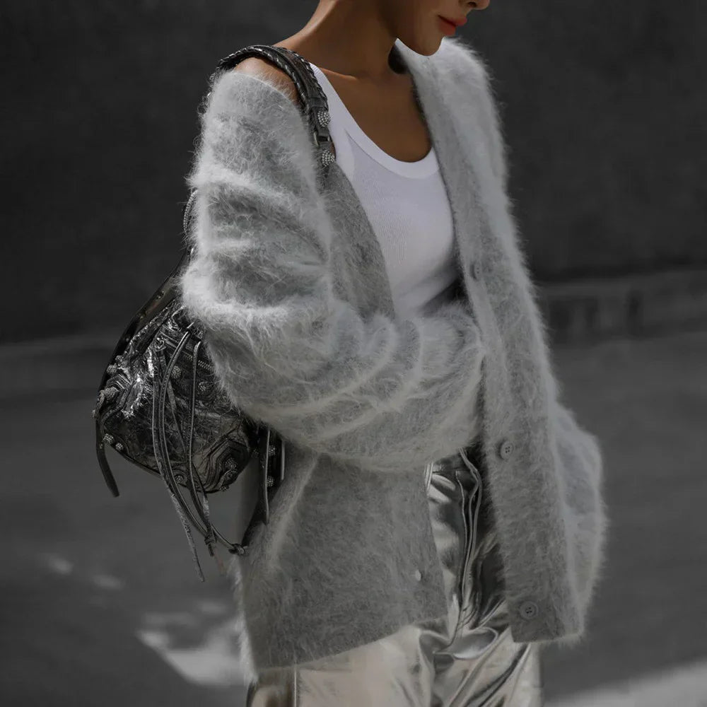 Cardigan Feminino Angora Decote V Oversized
