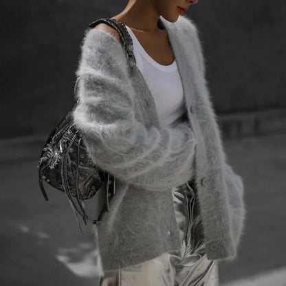 Cardigan Feminino Angora Decote V Oversized