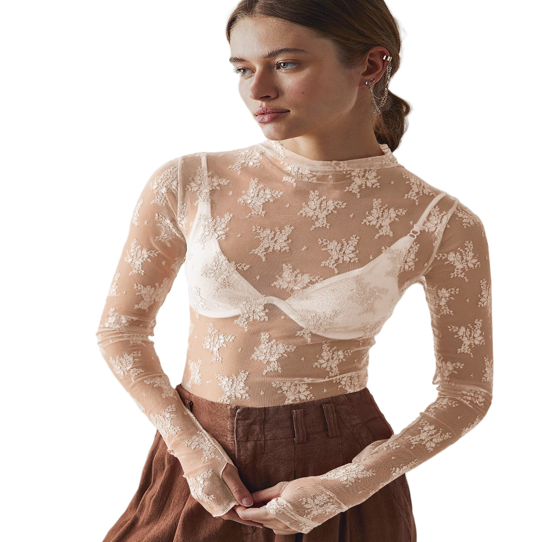Blusa ajustada de renda floral transparente com mangas longas — Bene Donna — imagem 03