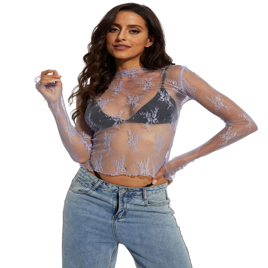 Blusa ajustada de renda floral transparente com mangas longas — Bene Donna — imagem 05