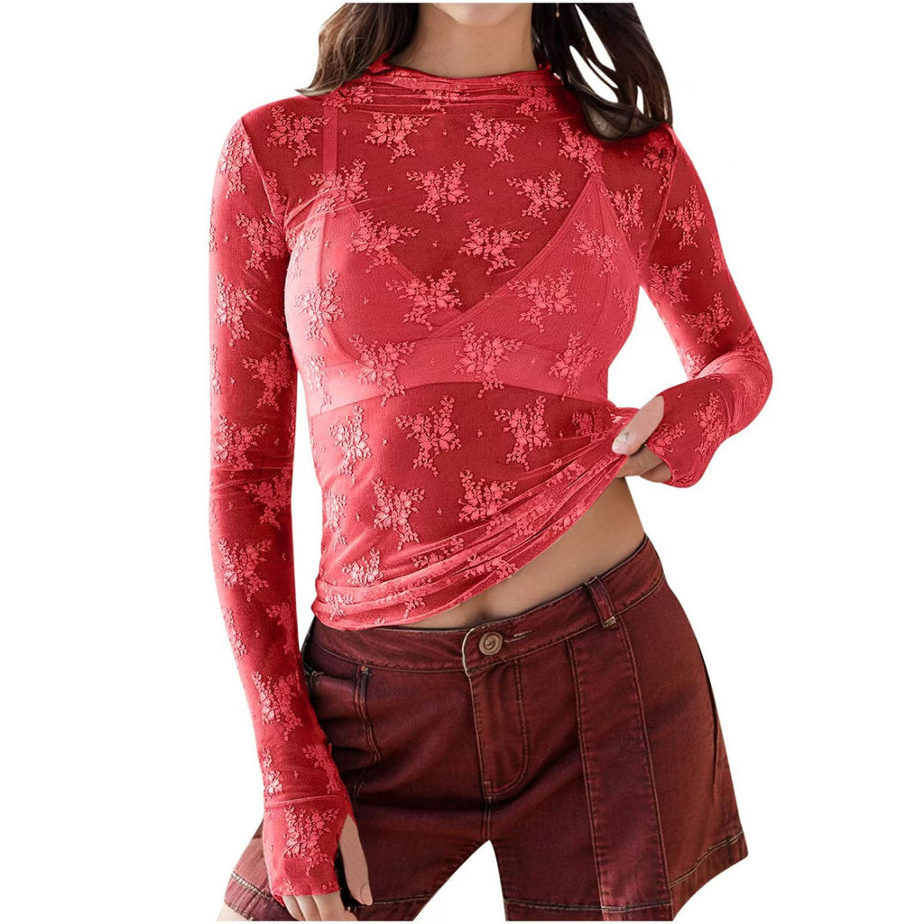 Blusa ajustada de renda floral transparente com mangas longas — Bene Donna — imagem 07