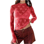 Blusa ajustada de renda floral transparente com mangas longas — Bene Donna — imagem 07