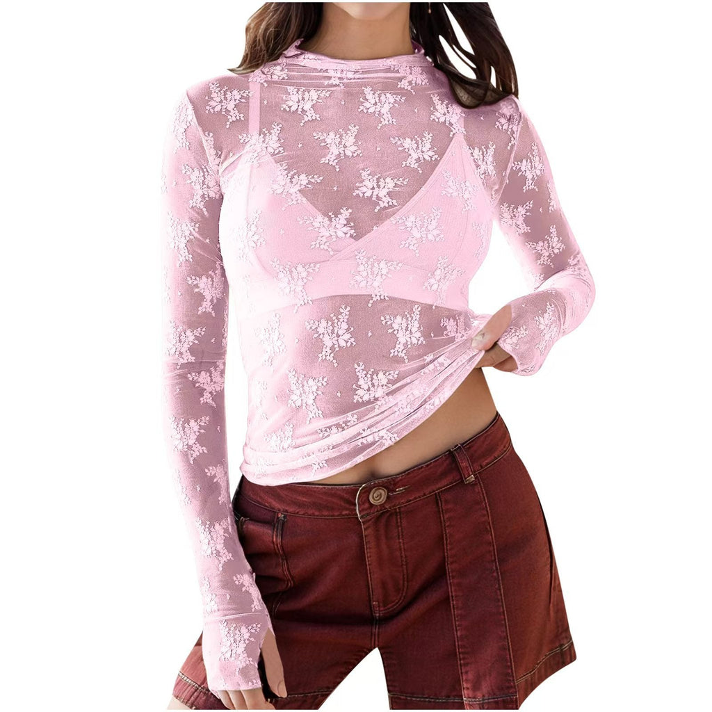 Blusa ajustada de renda floral transparente com mangas longas — Bene Donna — imagem 08