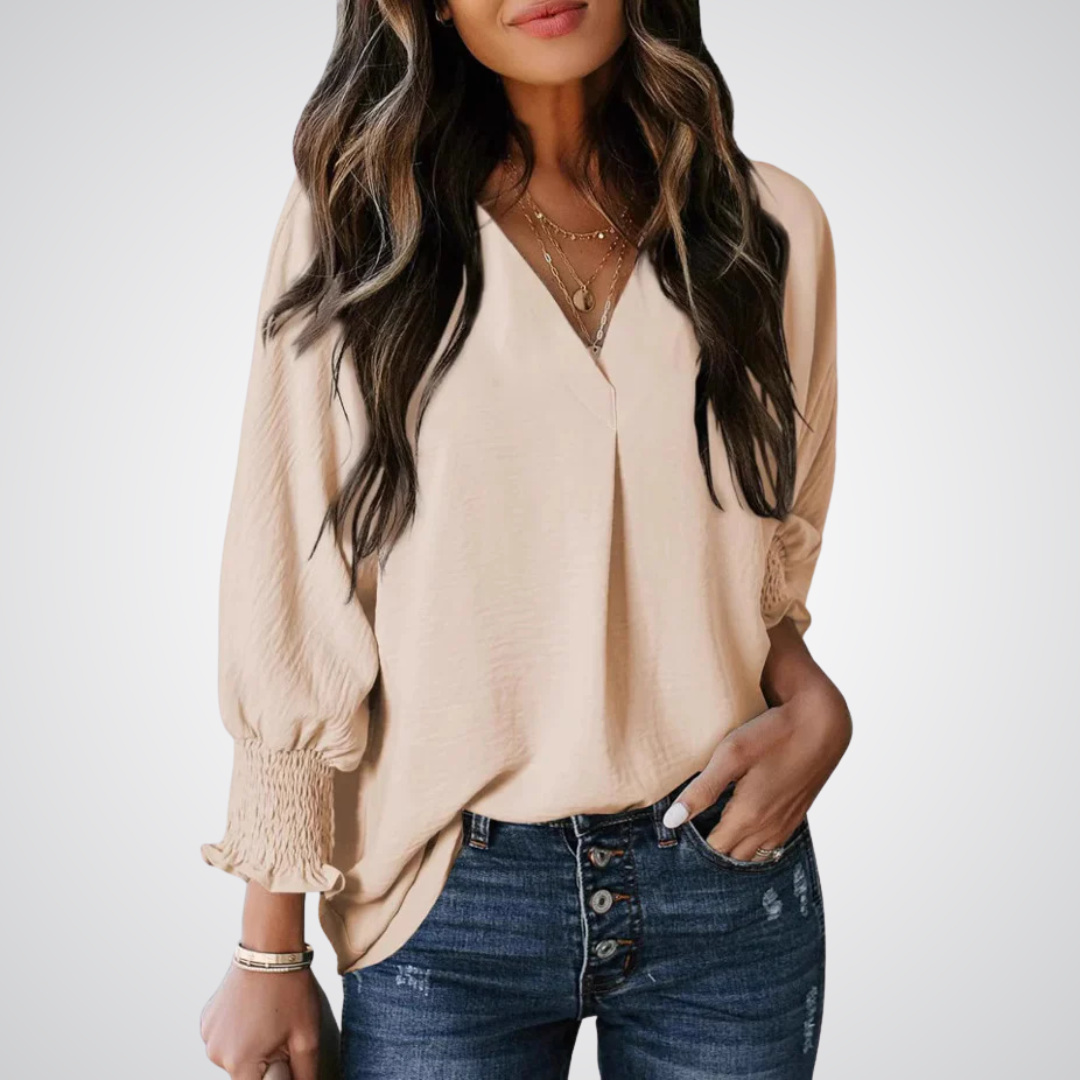 Blusa alongada de decote V com mangas franzidas — Bene Donna — imagem 01
