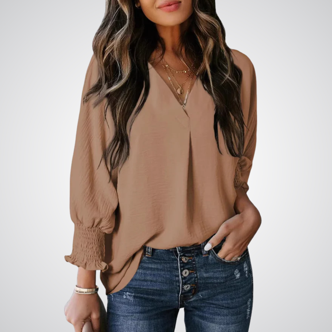 Blusa alongada de decote V com mangas franzidas — Bene Donna — imagem 03