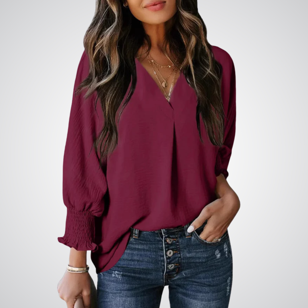 Blusa alongada de decote V com mangas franzidas — Bene Donna — imagem 04