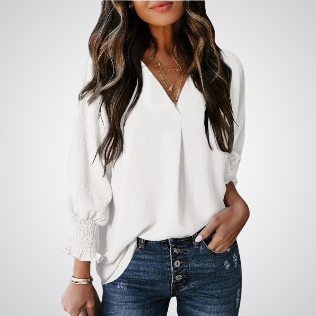 Blusa alongada de decote V com mangas franzidas — Bene Donna — imagem 05