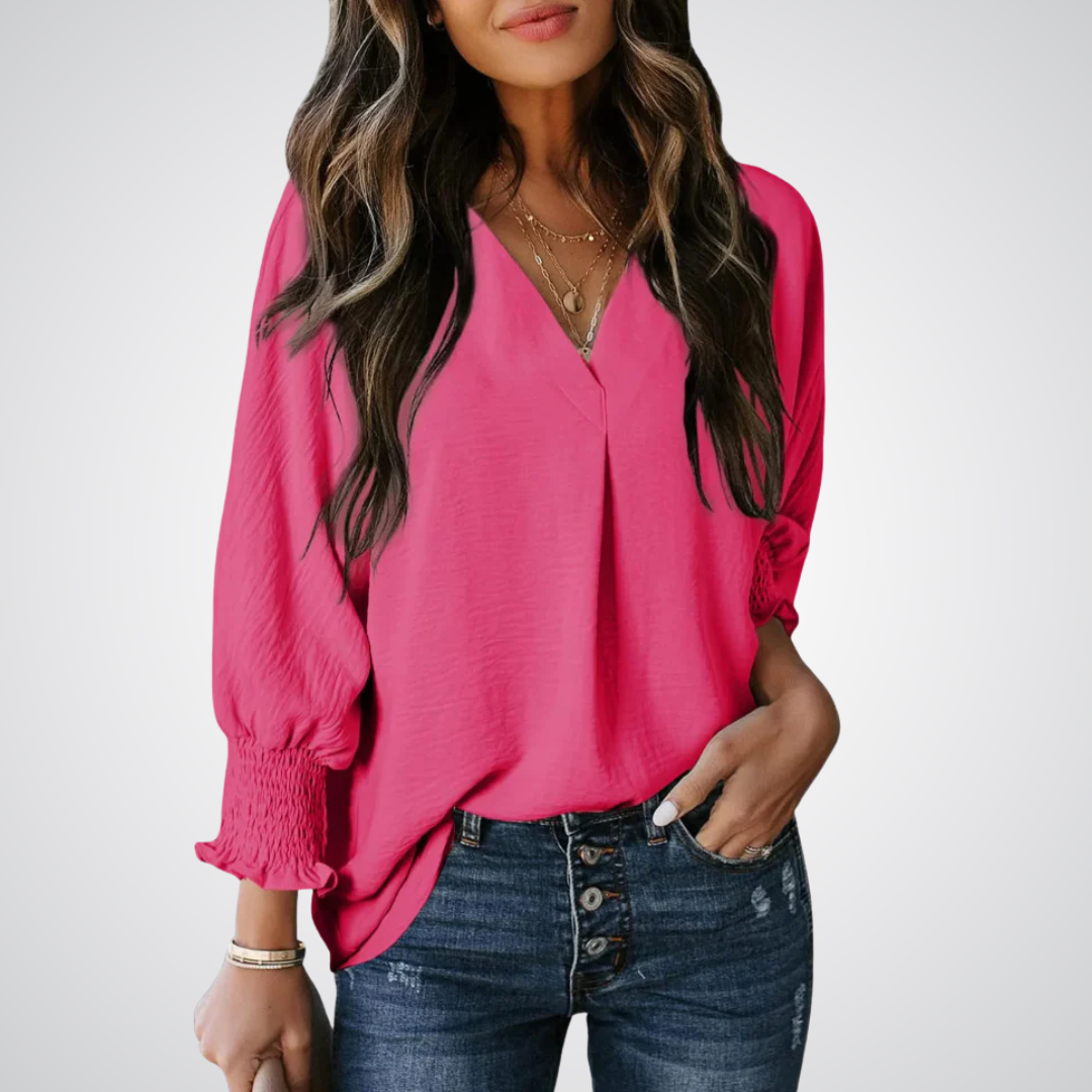 Blusa alongada de decote V com mangas franzidas — Bene Donna — imagem 07