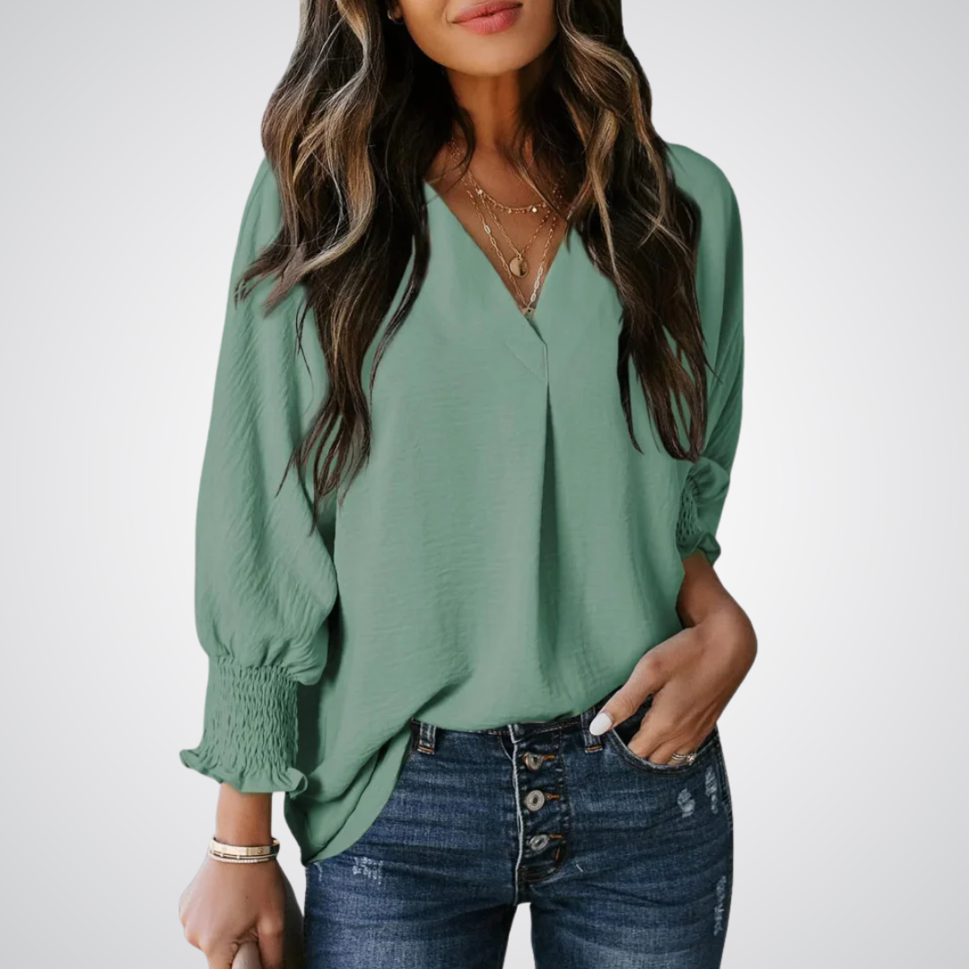 Blusa alongada de decote V com mangas franzidas — Bene Donna — imagem 09
