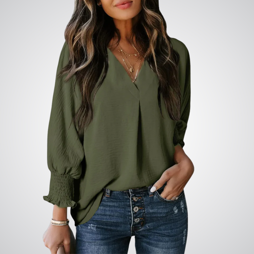 Blusa alongada de decote V com mangas franzidas — Bene Donna — imagem 11