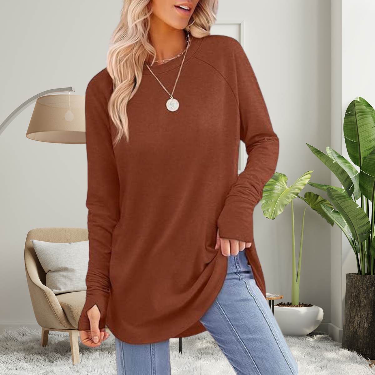 Blusa alongada de mangas longas com abertura nos punhos — Bene Donna — imagem 04