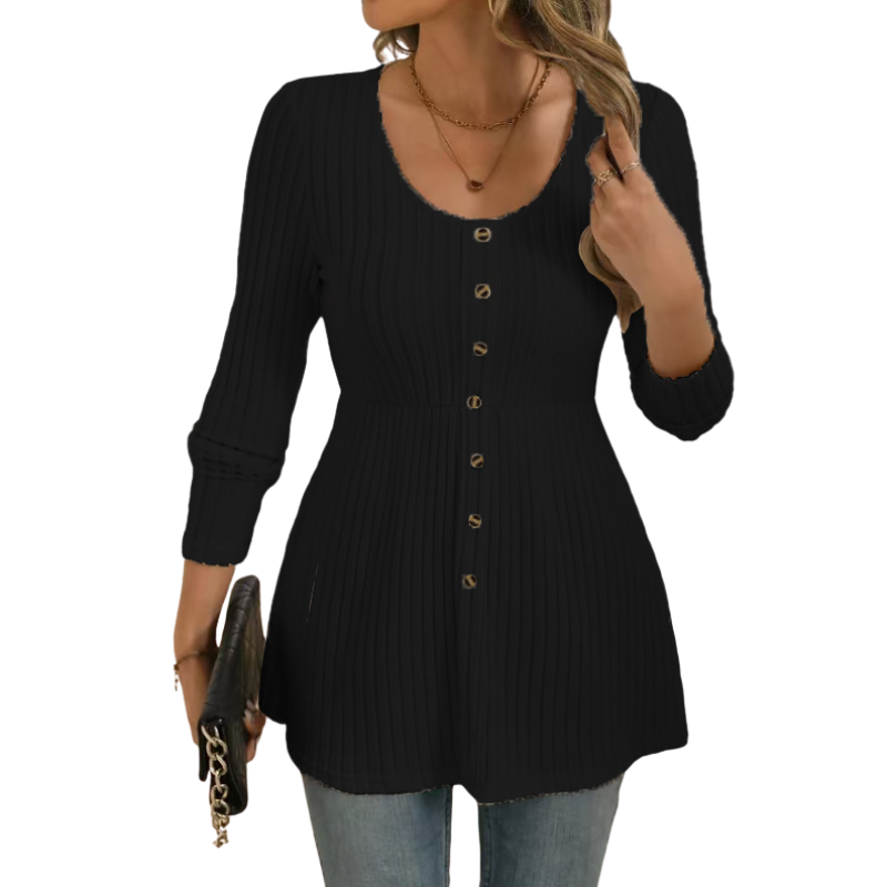 Blusa canelada de mangas longas com botões e barra evasê — Bene Donna — imagem 05