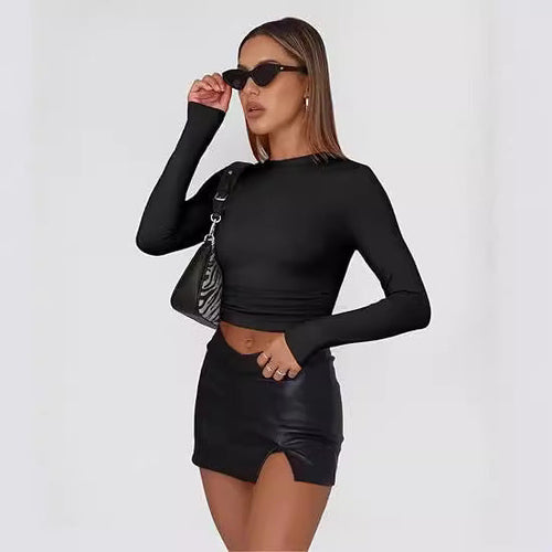 Blusa cropped de mangas longas e gola redonda — Bene Donna — imagem 01