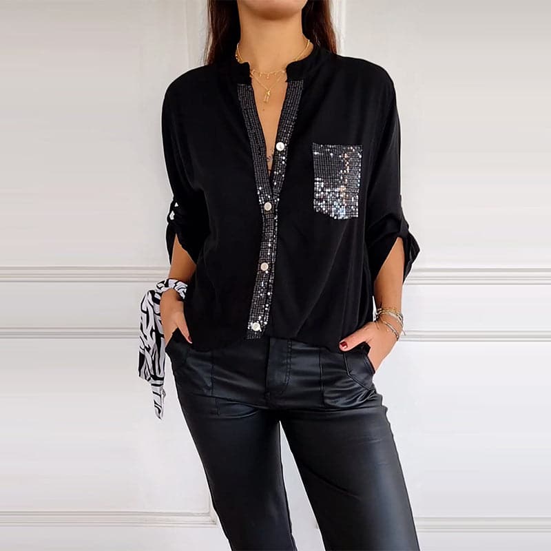Blusa de algodão com detalhes de paetês e bolso frontal — Bene Donna — imagem 01