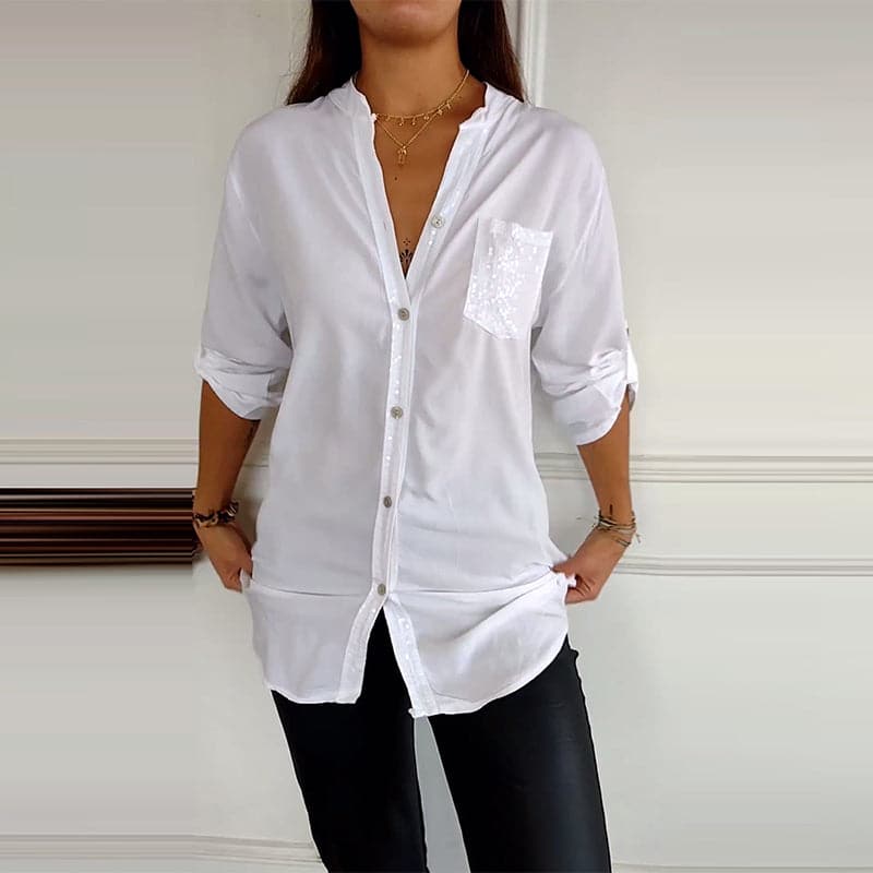 Blusa de algodão com detalhes de paetês e bolso frontal — Bene Donna — imagem 03