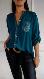 Blusa de algodão com detalhes de paetês e bolso frontal — Bene Donna — imagem 07