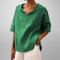 Blusa de algodão e linho com gola ampla e modelagem solta — Bene Donna — imagem 01