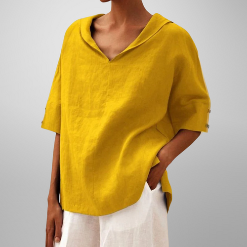 Blusa de algodão e linho com gola ampla e modelagem solta — Bene Donna — imagem 02