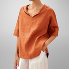 Blusa de algodão e linho com gola ampla e modelagem solta — Bene Donna — imagem 03