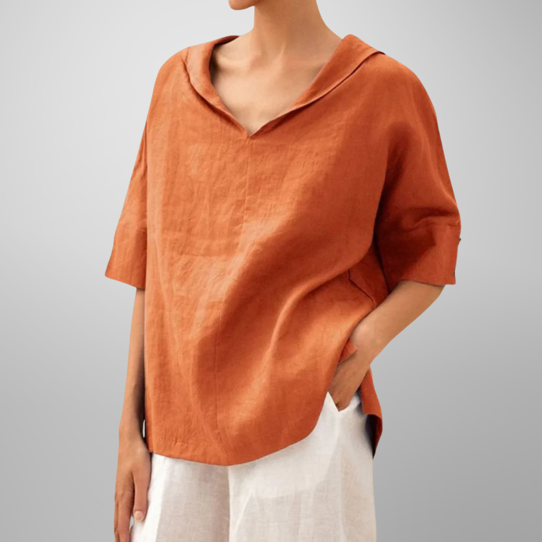 Blusa de algodão e linho com gola ampla e modelagem solta — Bene Donna — imagem 03
