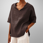 Blusa de algodão e linho com gola ampla e modelagem solta — Bene Donna — imagem 04