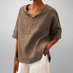Blusa de algodão e linho com gola ampla e modelagem solta — Bene Donna — imagem 05
