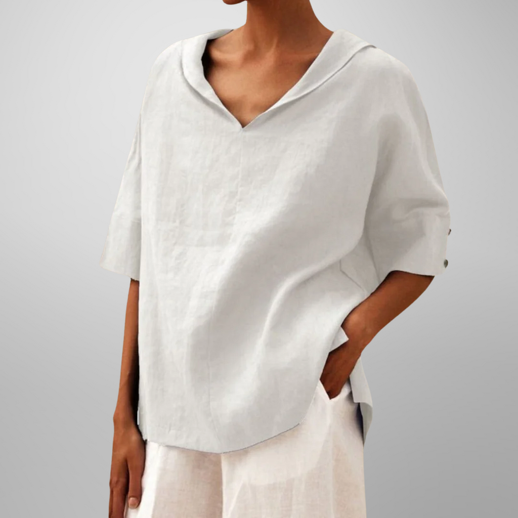 Blusa de algodão e linho com gola ampla e modelagem solta — Bene Donna — imagem 06