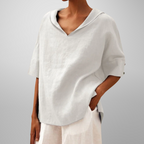 Blusa de algodão e linho com gola ampla e modelagem solta — Bene Donna — imagem 06