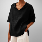 Blusa de algodão e linho com gola ampla e modelagem solta — Bene Donna — imagem 07