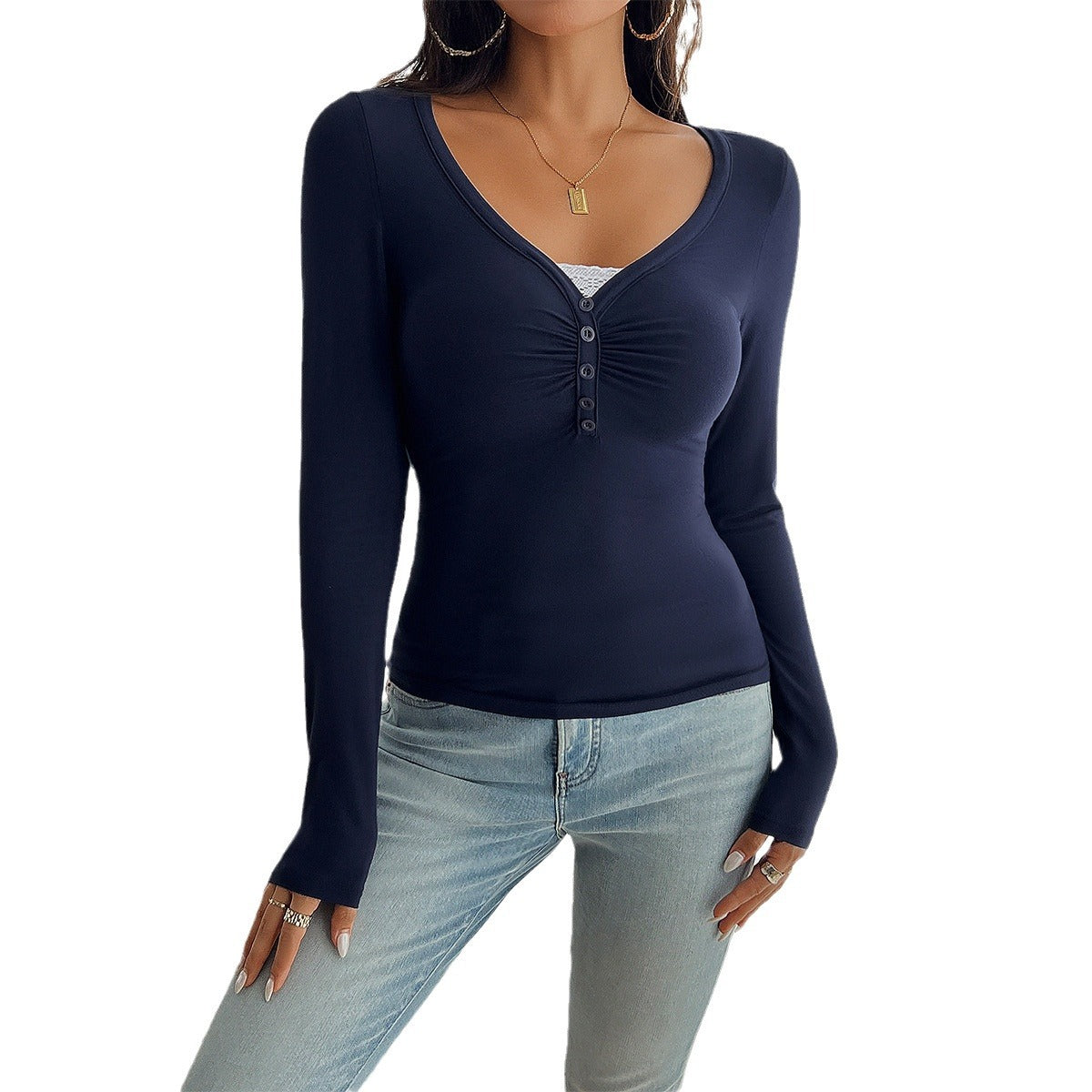 Blusa de decote V com botões e mangas longas — Bene Donna — imagem 05