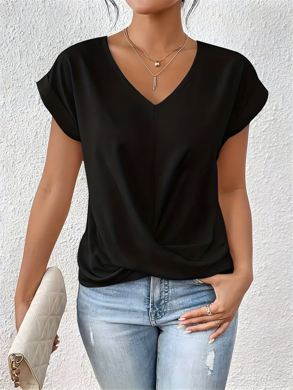Blusa de decote V com frente torcida e mangas curtas — Bene Donna — imagem 02