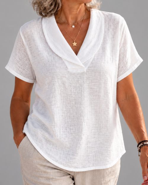 Blusa de decote V com gola dobrada e mangas curtas — Bene Donna — imagem 02