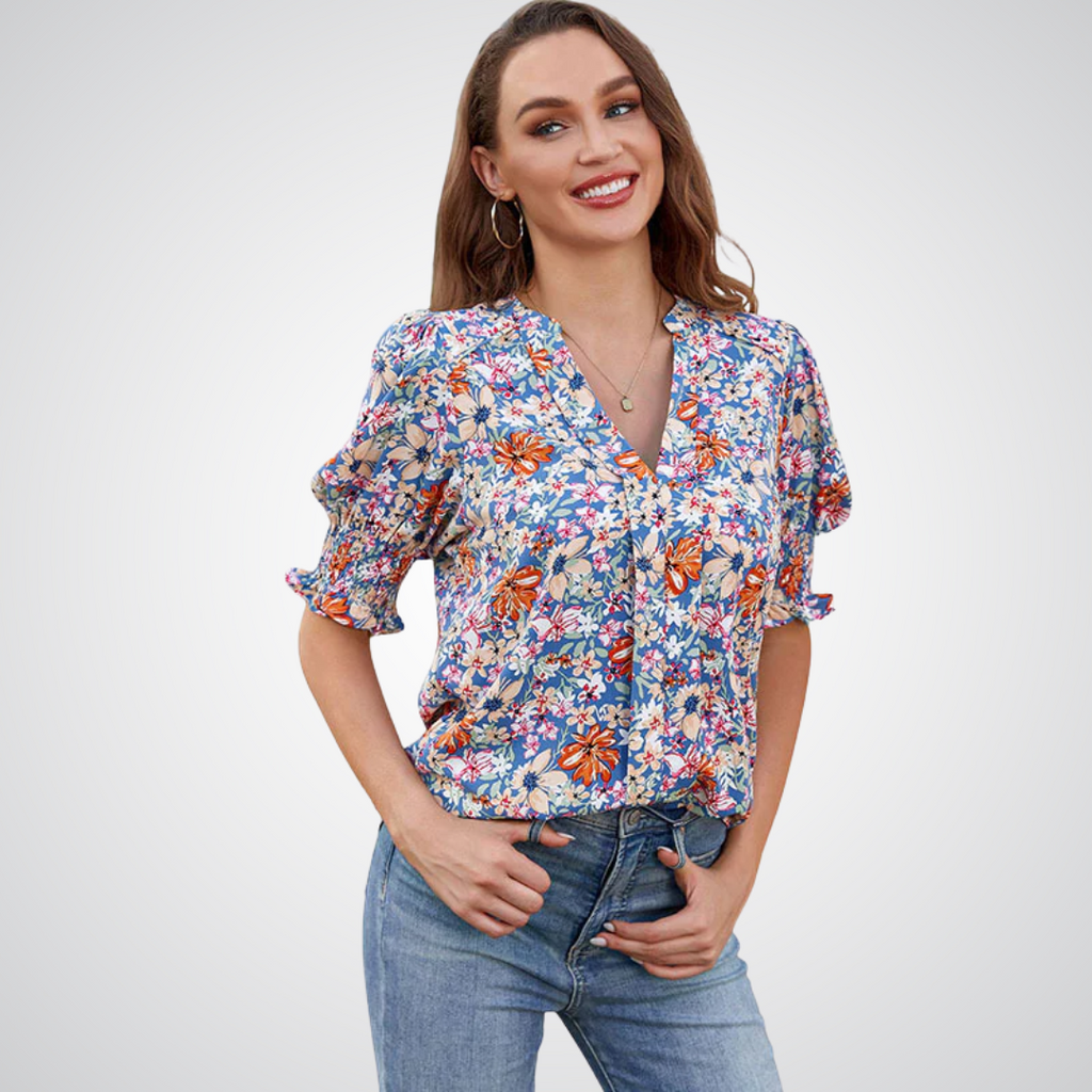 Blusa de decote V com mangas bufantes e babados — Bene Donna — imagem 01