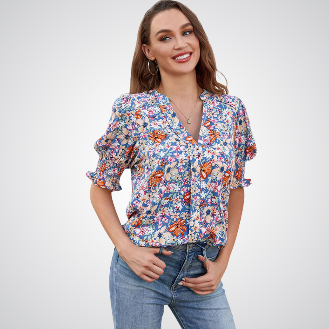 Blusa de decote V com mangas bufantes e babados — Bene Donna — imagem 01