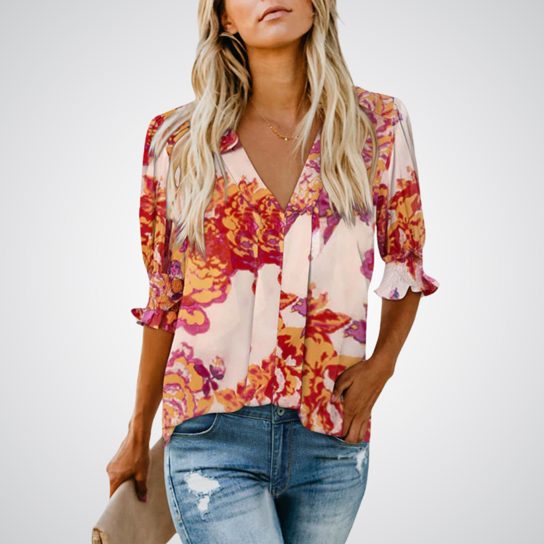 Blusa de decote V com mangas bufantes e babados — Bene Donna — imagem 02