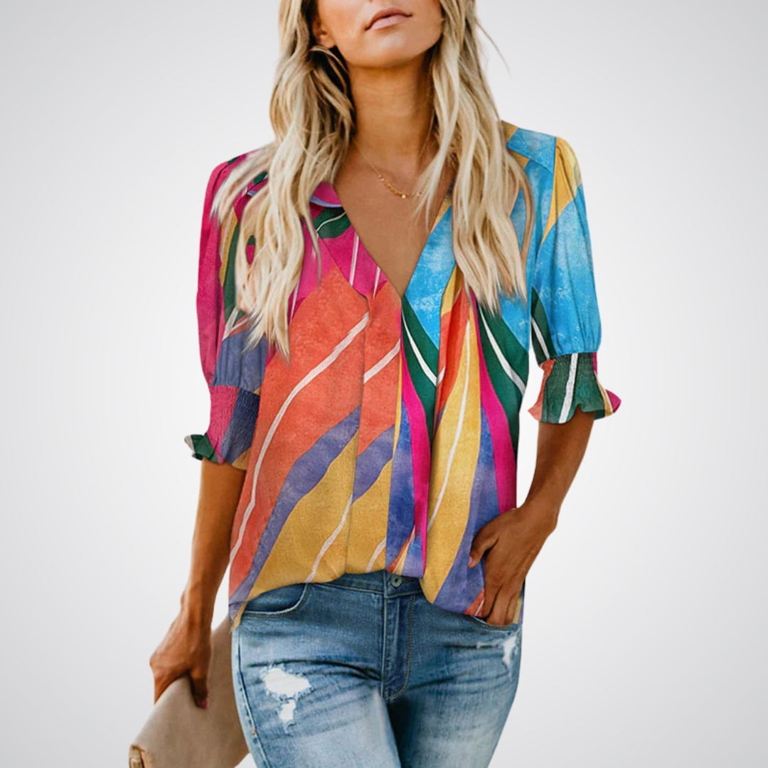 Blusa de decote V com mangas bufantes e babados — Bene Donna — imagem 04