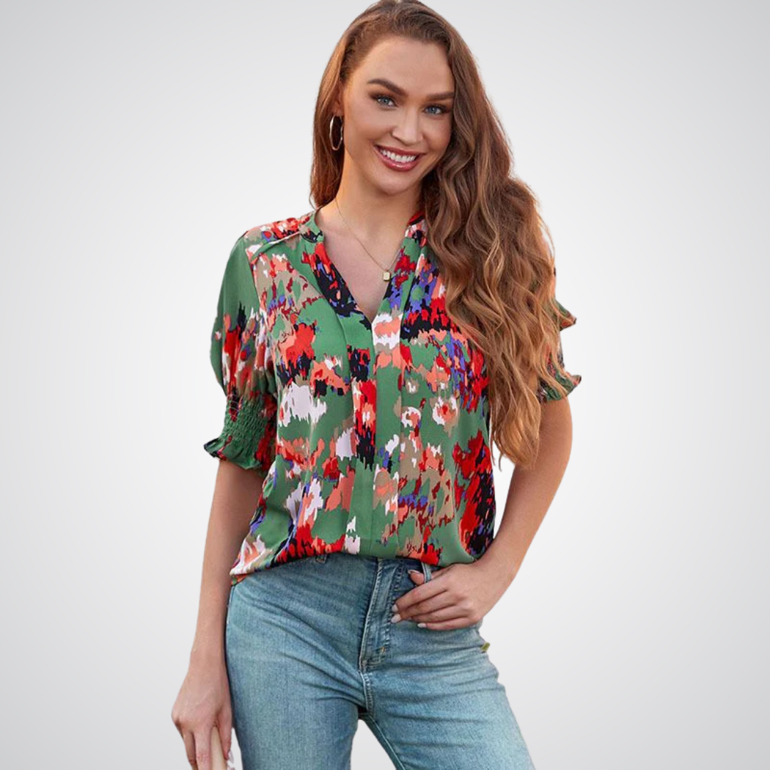 Blusa de decote V com mangas bufantes e babados — Bene Donna — imagem 05