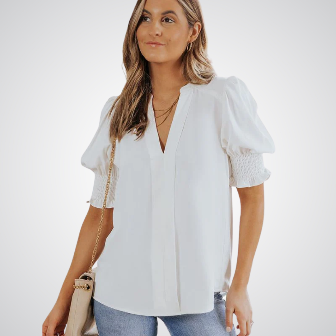 Blusa de decote V com mangas bufantes e babados — Bene Donna — imagem 06