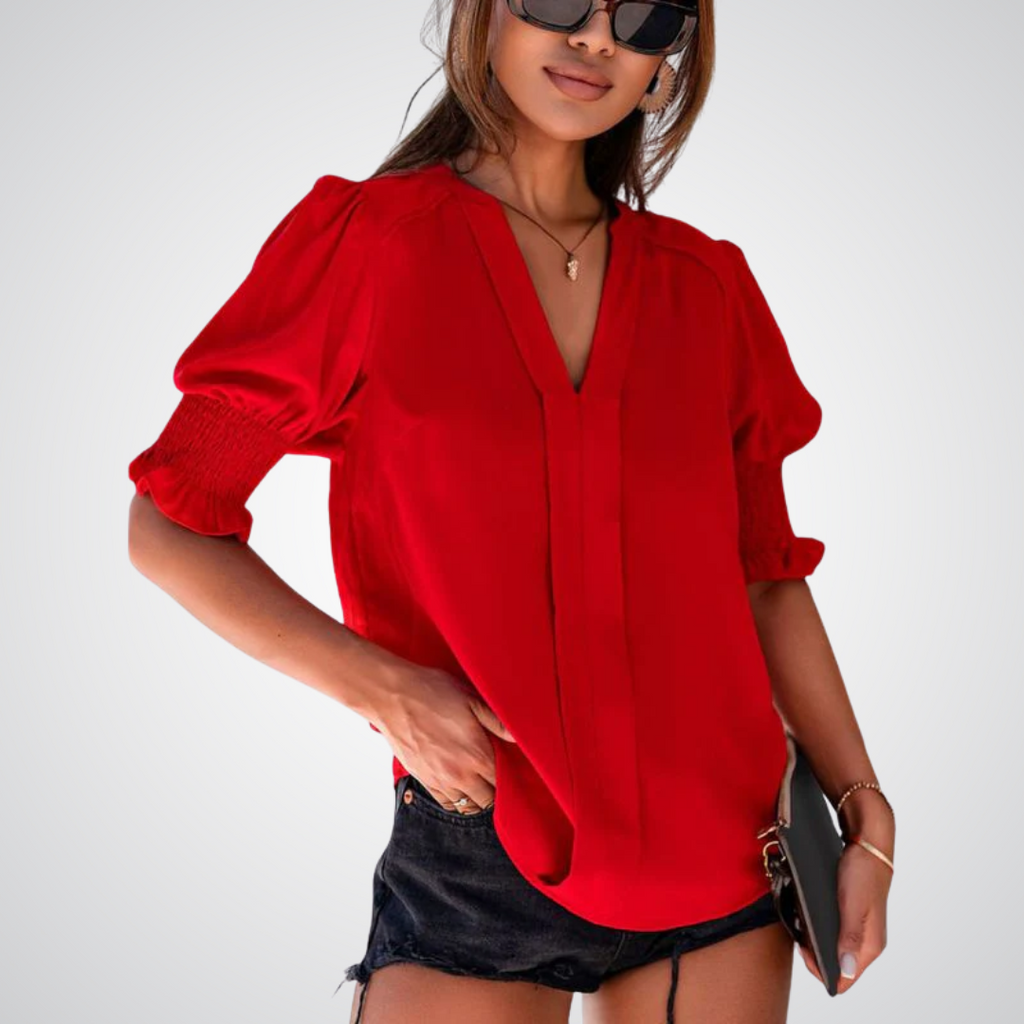 Blusa de decote V com mangas bufantes e babados — Bene Donna — imagem 09