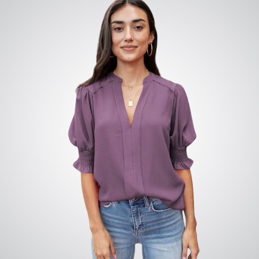 Blusa de decote V com mangas bufantes e babados — Bene Donna — imagem 10