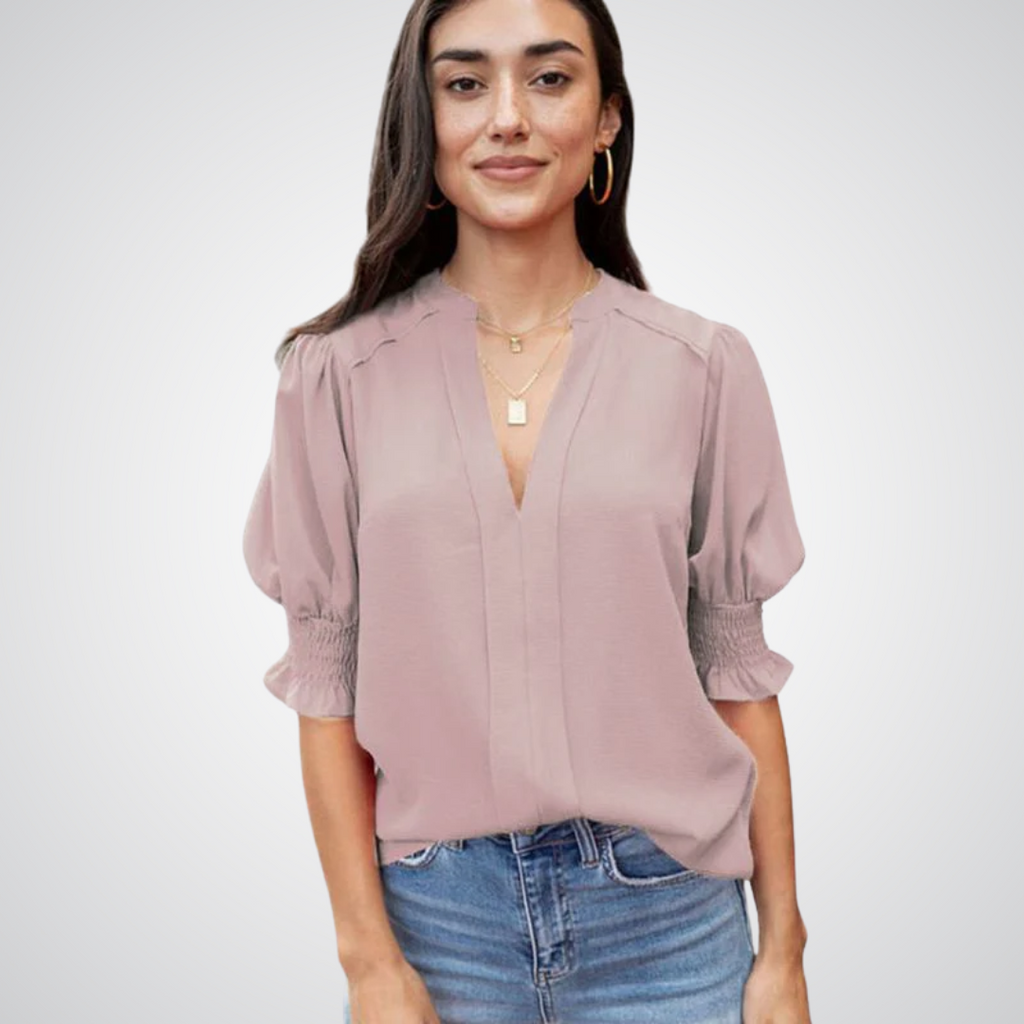 Blusa de decote V com mangas bufantes e babados — Bene Donna — imagem 11