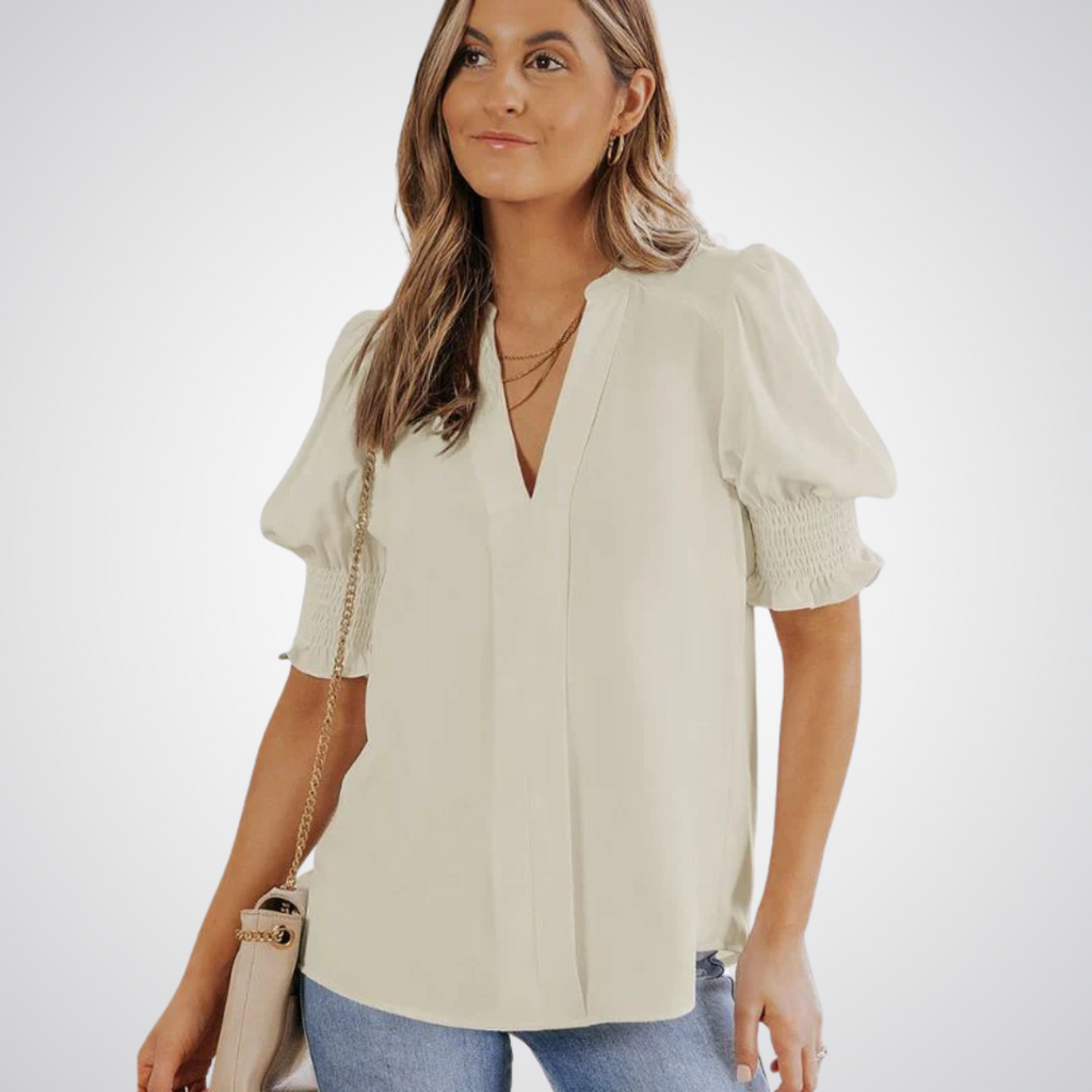 Blusa de decote V com mangas bufantes e babados — Bene Donna — imagem 12