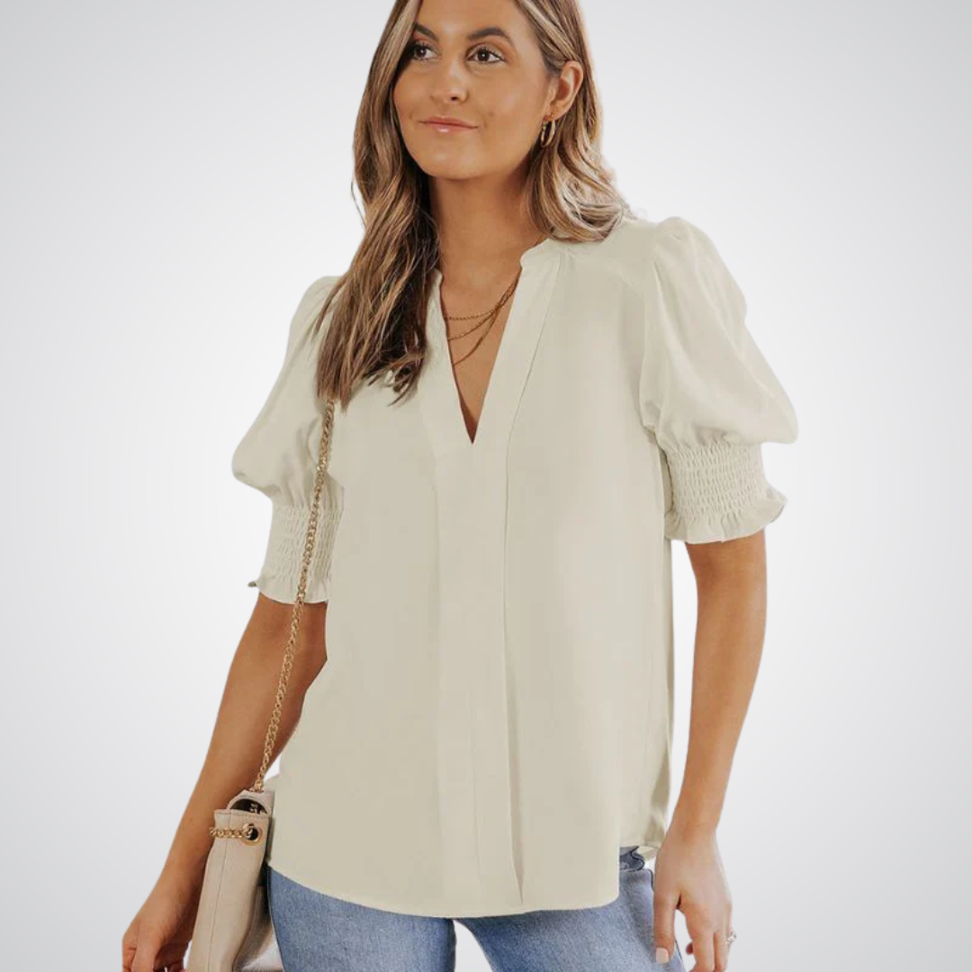 Blusa de decote V com mangas bufantes e babados — Bene Donna — imagem 12