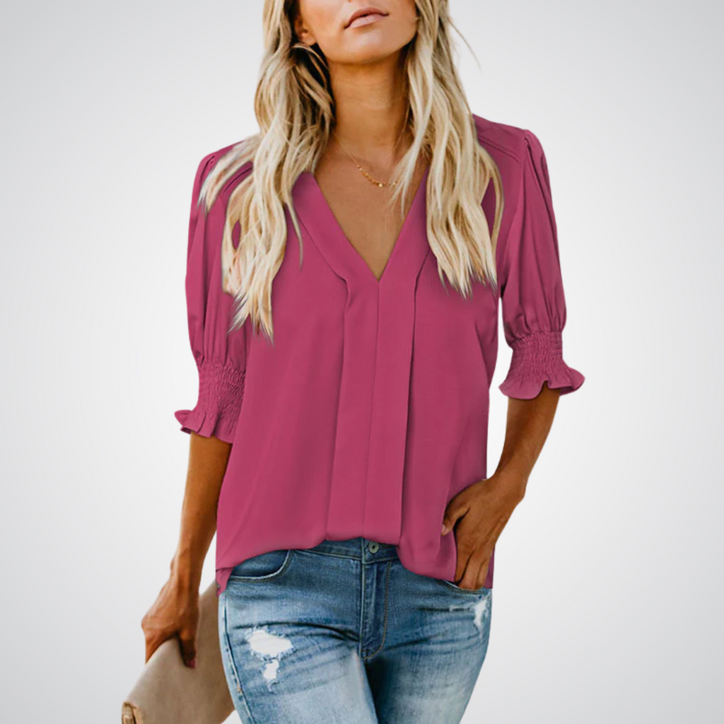 Blusa de decote V com mangas bufantes e babados — Bene Donna — imagem 15