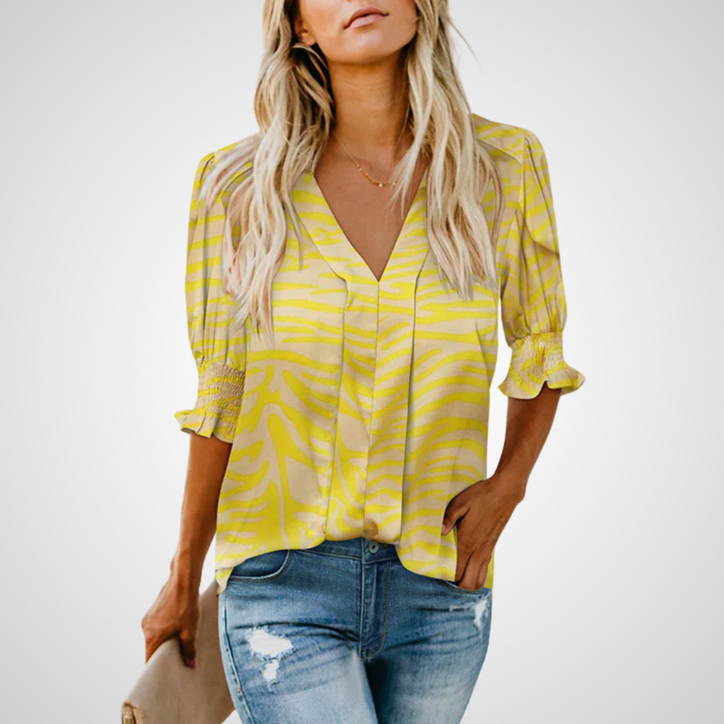 Blusa de decote V com mangas bufantes e babados — Bene Donna — imagem 16