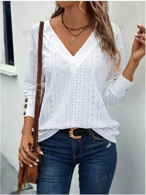 Blusa de decote V com renda e botões nas mangas — Bene Donna — imagem 01
