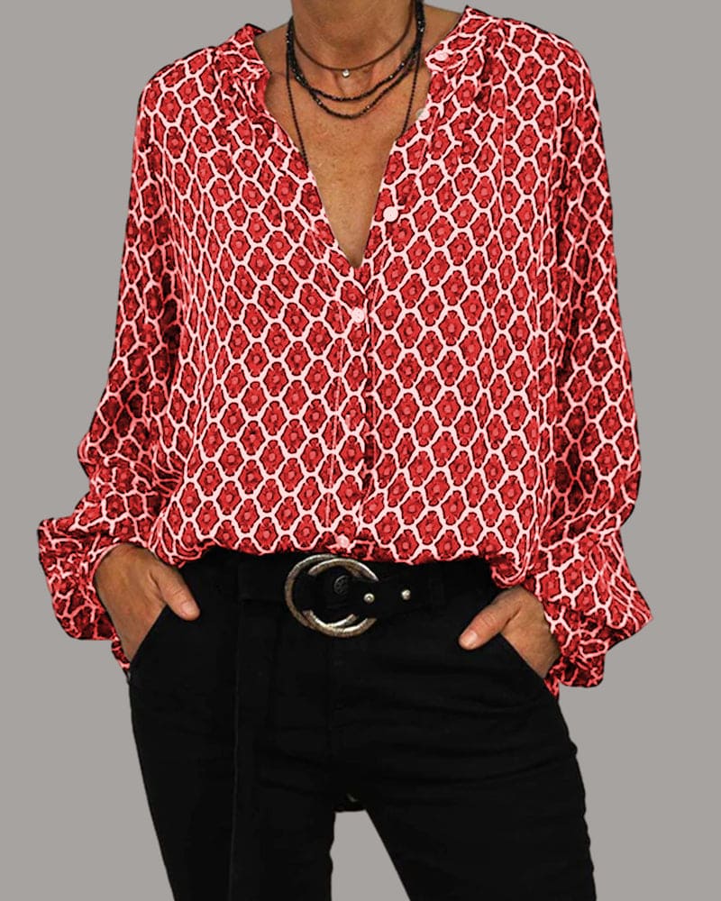 Blusa de estampa geométrica com decote V e modelagem solta — Bene Donna — imagem 02