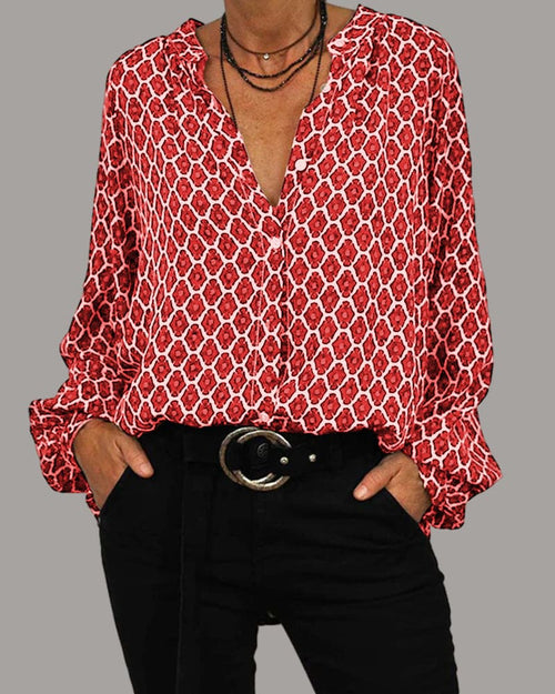 Blusa de estampa geométrica com decote V e modelagem solta — Bene Donna — imagem 02