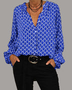 Blusa de estampa geométrica com decote V e modelagem solta — Bene Donna — imagem 03