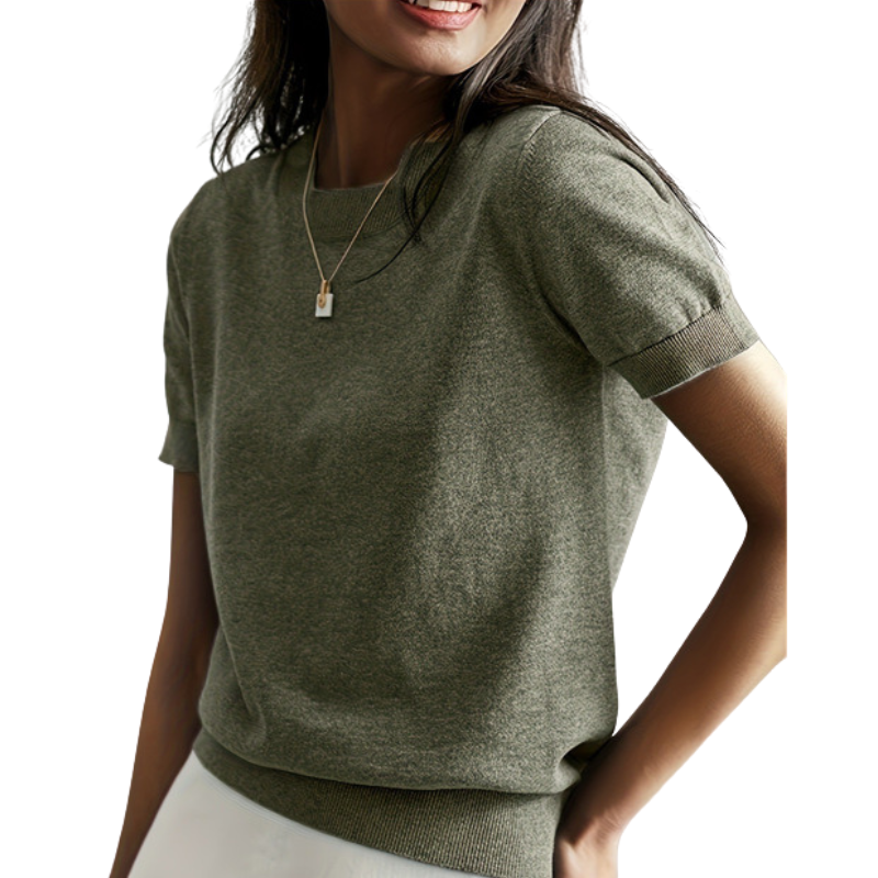 Blusa de mangas curtas com gola redonda e barra canelada — Bene Donna — imagem 01